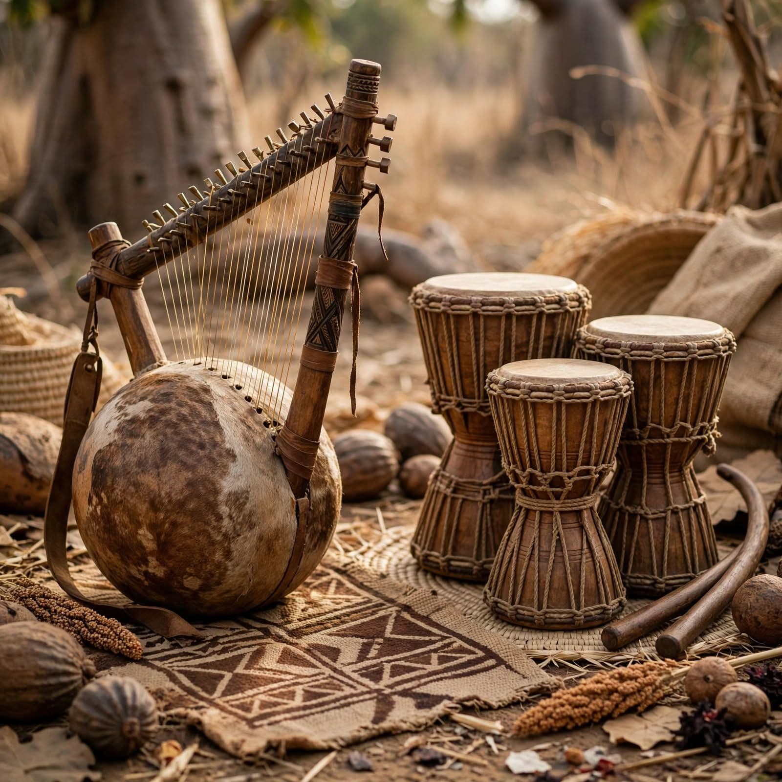 Harmonic West African Kora and Dundun Dialogue at Sunset