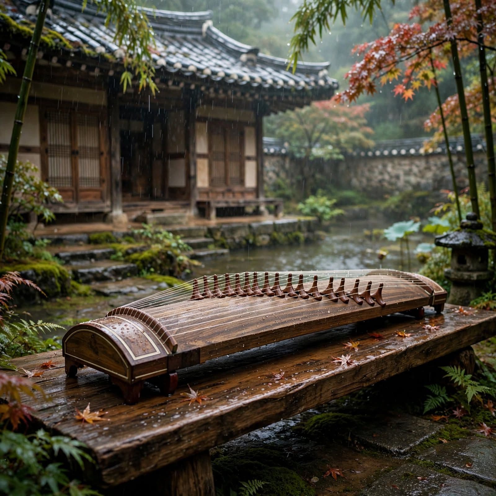 Korean Gayageum in Rain Traditional Music