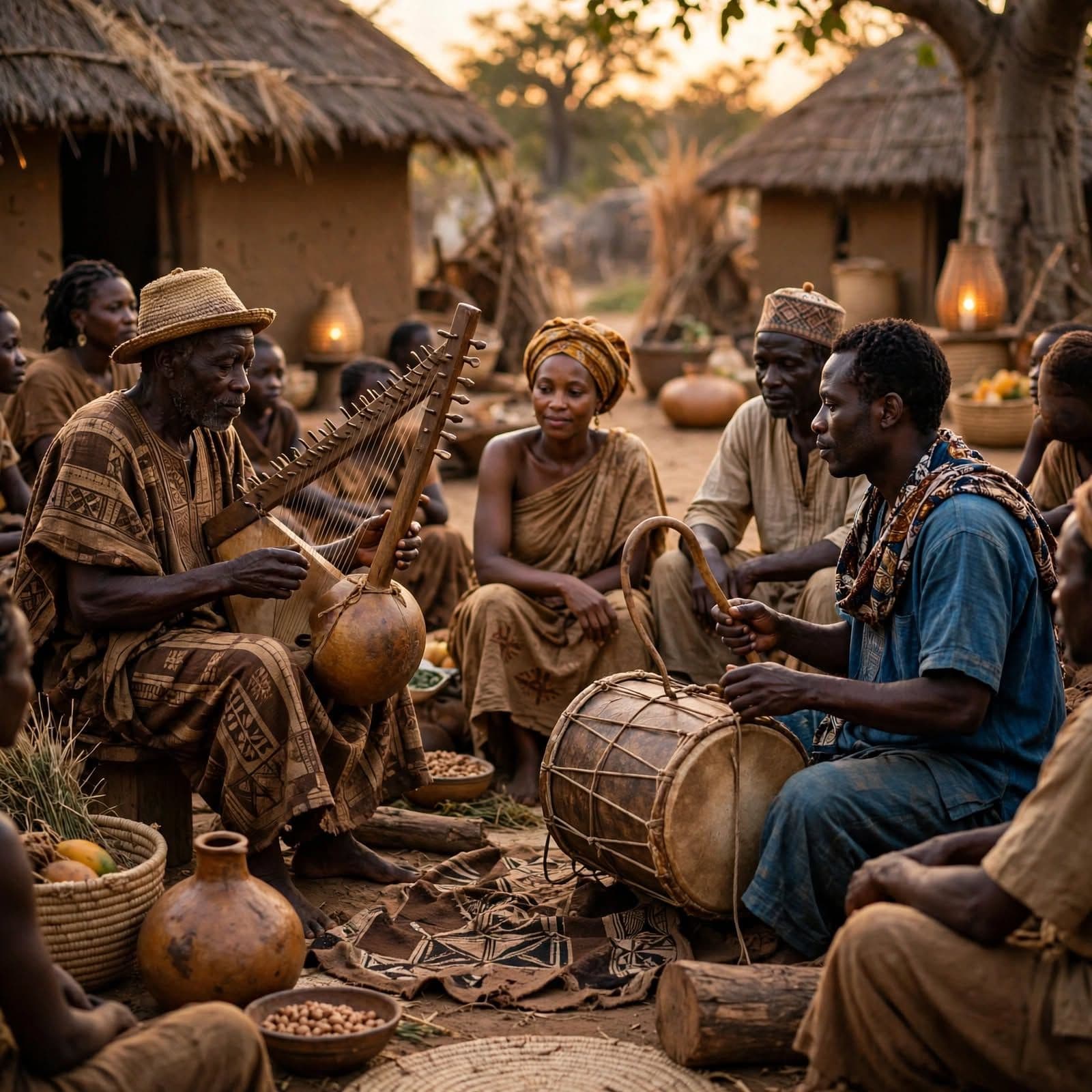 Warm Communal Kora and Dundun Bass African Village Celebration