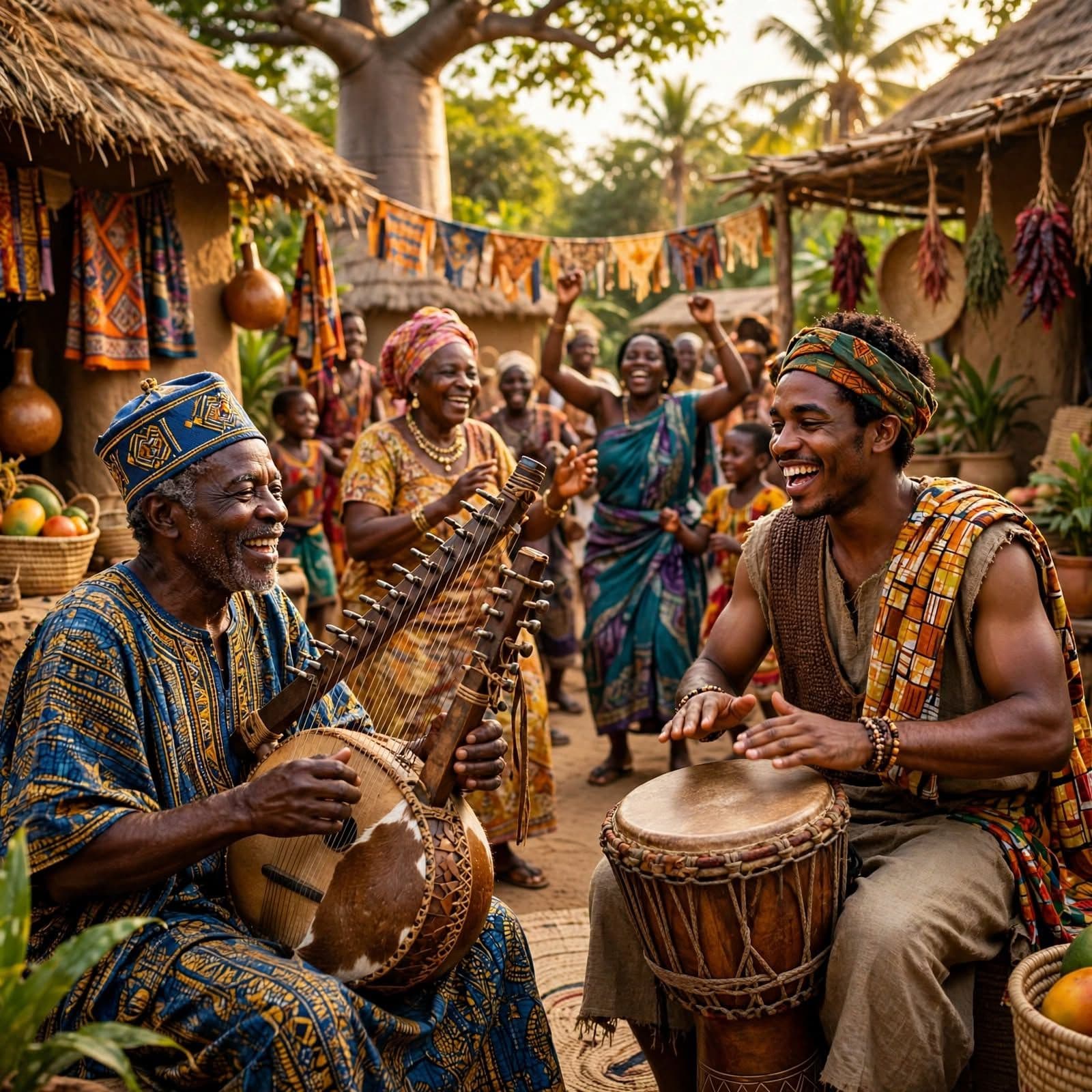 Joyful African Kora and Djembe Village Celebration Under the Baobab Tree